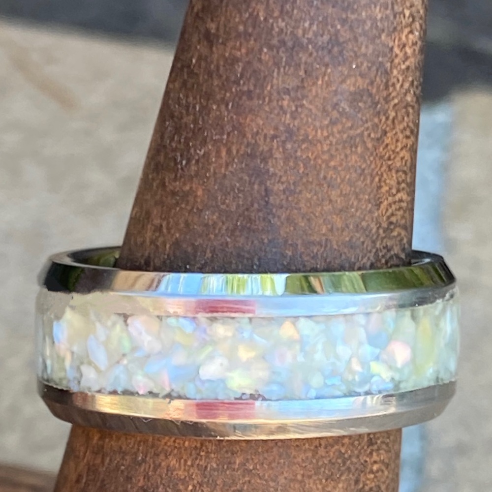 Tungsten and mother of pearl unisex ring